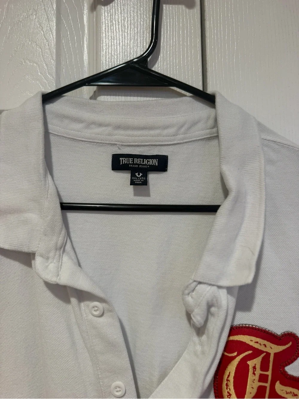 True Religion White Polo with Red Appliqué Logo and Multi-Patch Accents
